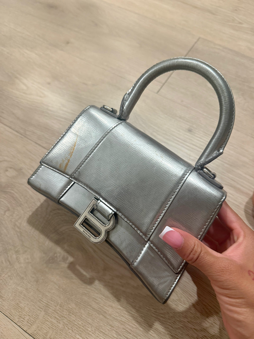 Silver balenciaga cross body bag